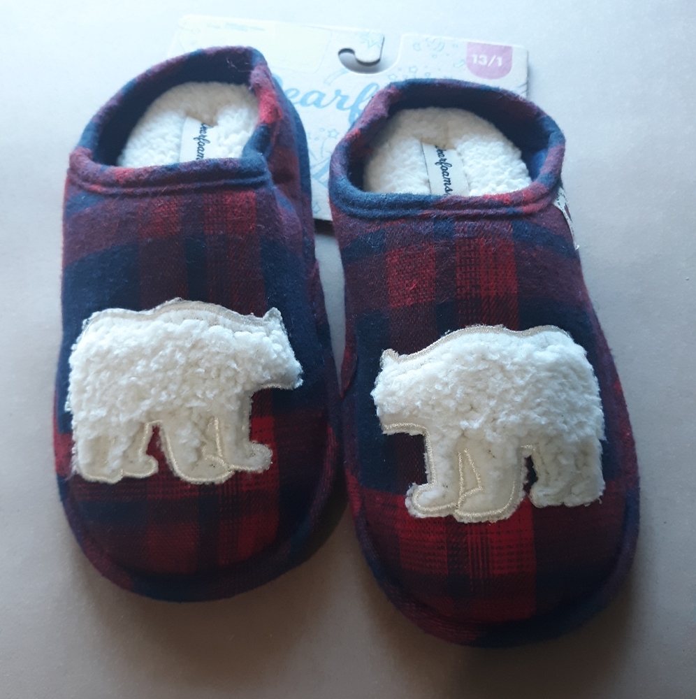 Dearfoams kids plaid red sherpa insole slippers